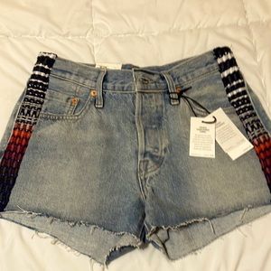 Levi’s 501 High Rise Button Fly denim shorts. French Handloomed Fabric. Size 25